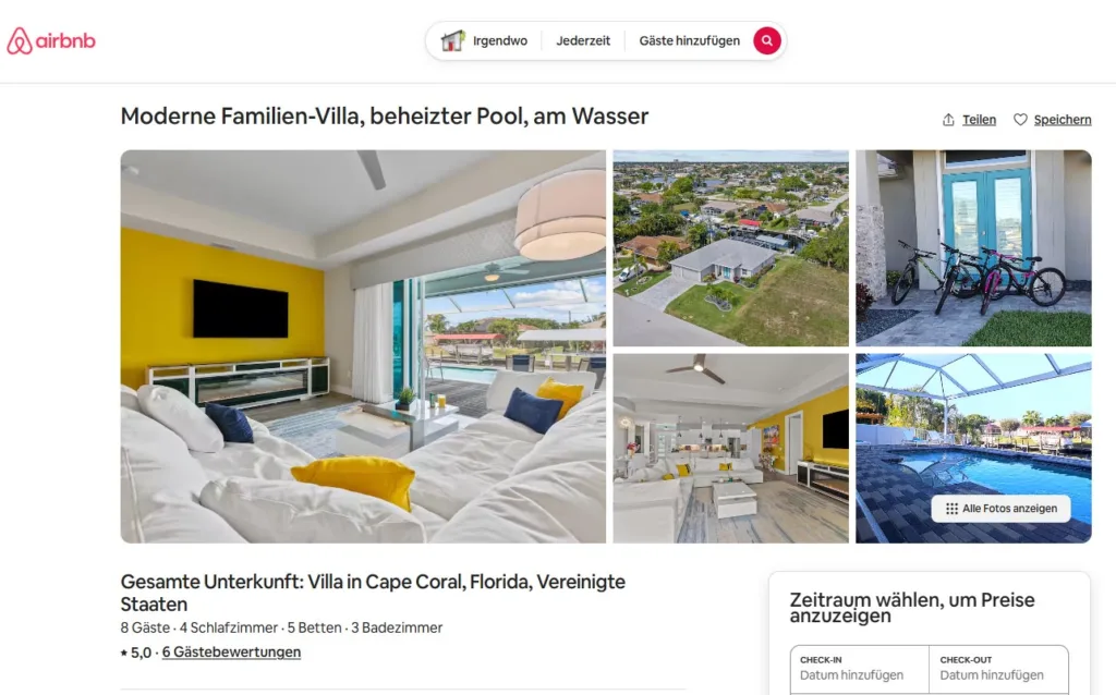 Airbnb Screenshot at Villa Dandelion, Cape Coral Florida