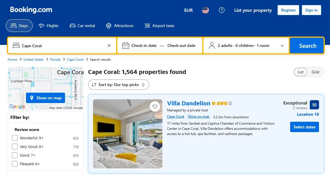 Villa Dandelion Cape Coral shown on Booking.com with a 10 out of 10 rating